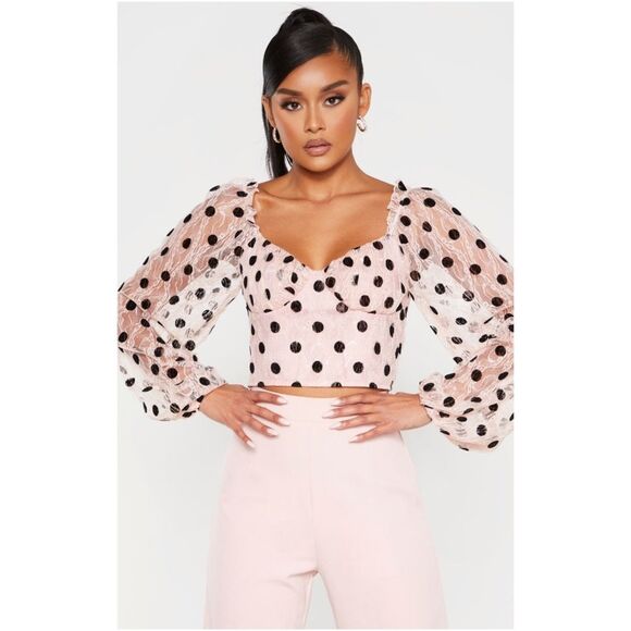 NWT PrettyLittleThing Women's Size 0 Pink Lace Polka Dot Cropped Blouse - Picture 16 of 16